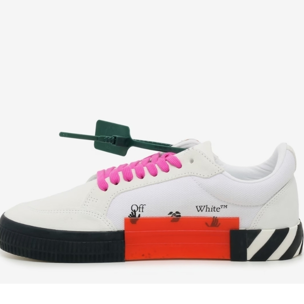 OFF WHITE, Low Vulcanized Sneaker, Men's, White/Magenta/Lime Green Canas & Suede - Picture 4 of 16